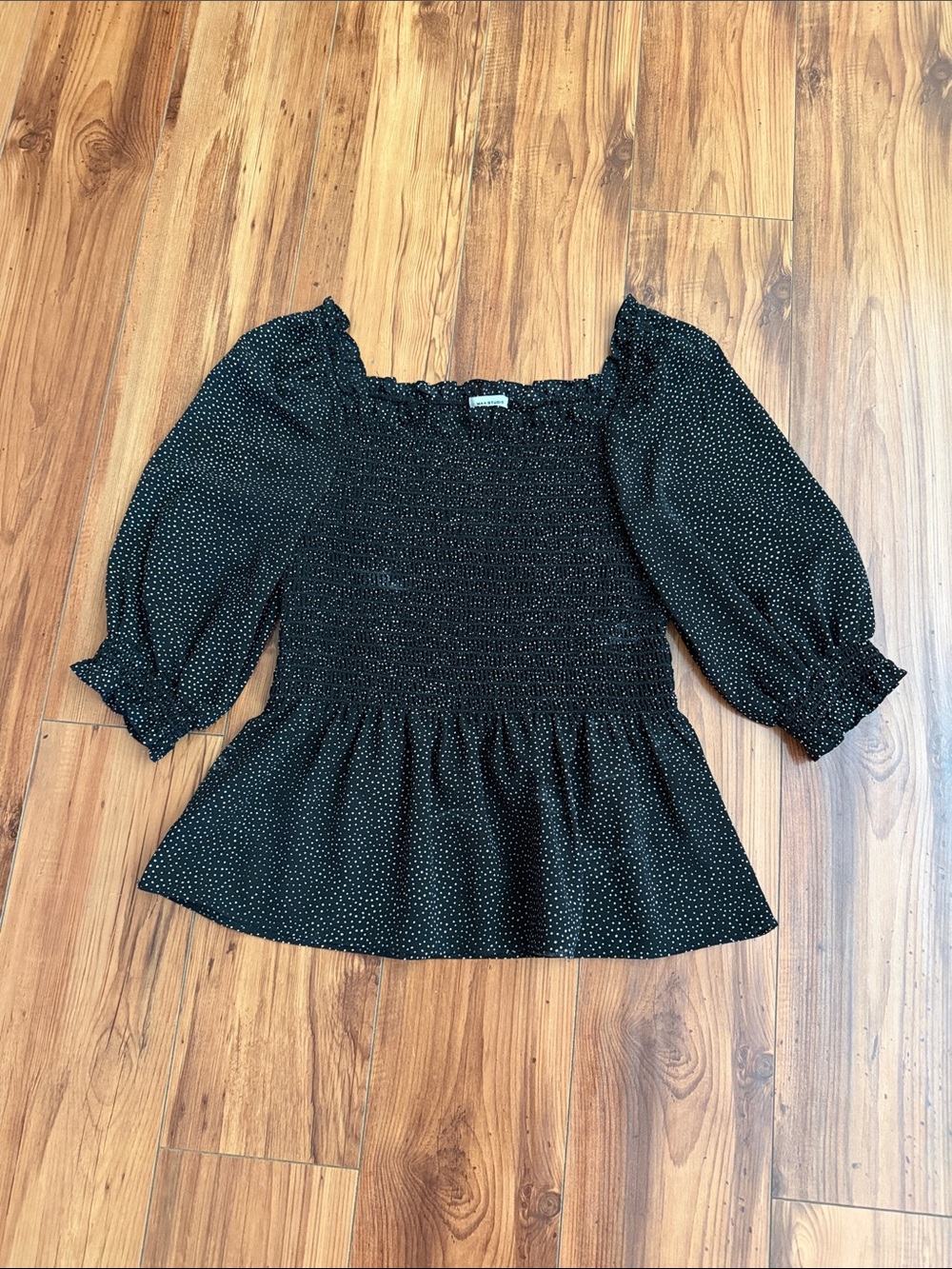 Max Studio Polkadot Puff-Sleeve Smocked Peplum Top